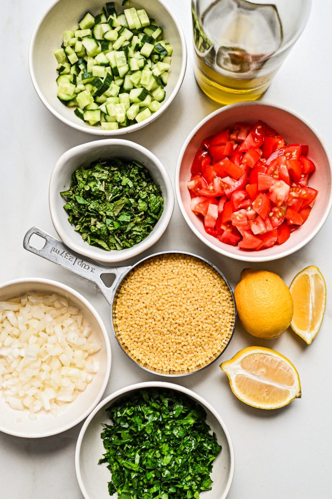 Ingredients needed for the acini di pepe tabouleh salad.