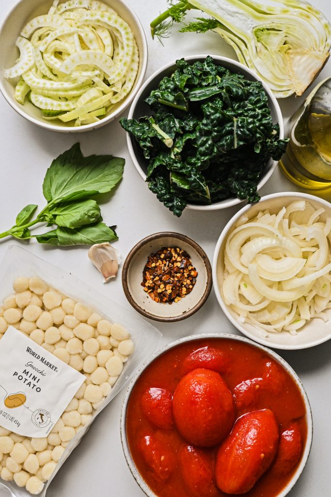 Ingredients needed to make fennel tomato gnocchi soup.