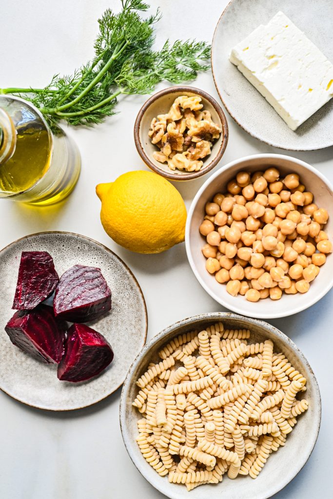 Ingredients needed to make chickpea beet pasta.