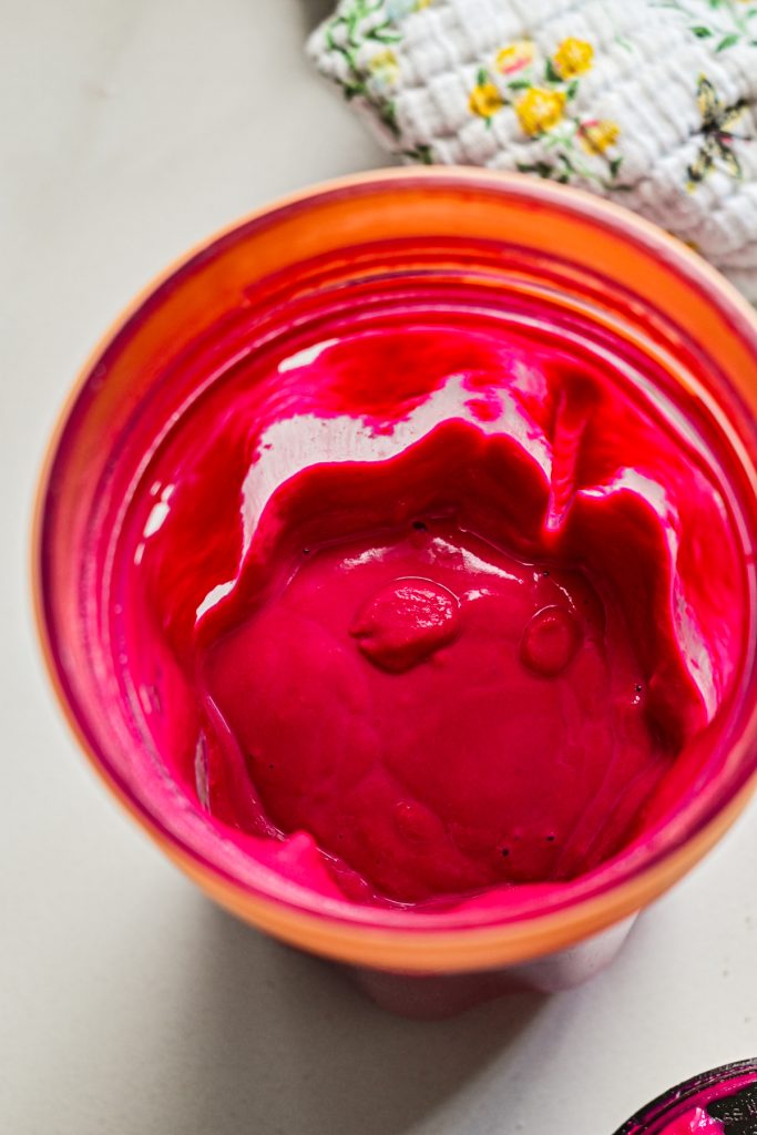 Beet, feta and chickpea mixture in the blender after being blended.